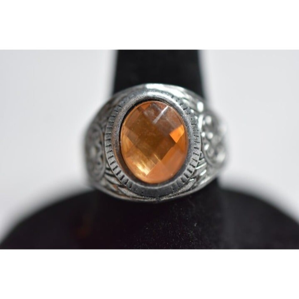 NWOT Art Deco Engraved Silver Tone Band Amber Cut Glass Stone Sizes 9 & 11 Rings